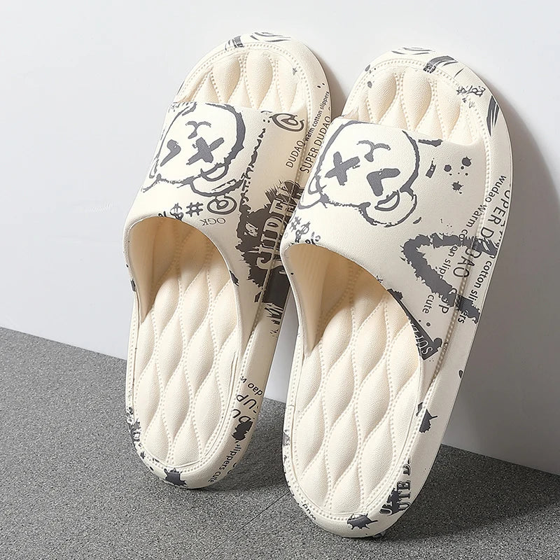 Plus Size 48-49 Graffiti Men Slippers Sole EVA Indoor Open Toe Flip Flops Beach Slides Flat Sandals Printing Cartoon Slides