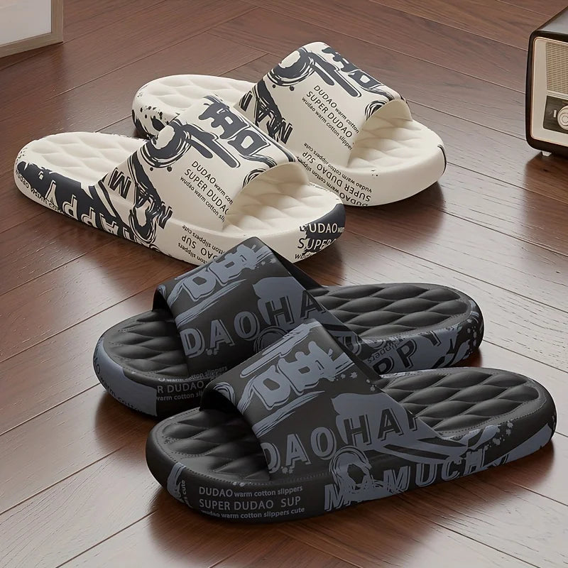 Plus Size 48-49 Graffiti Men Slippers Sole EVA Indoor Open Toe Flip Flops Beach Slides Flat Sandals Printing Cartoon Slides