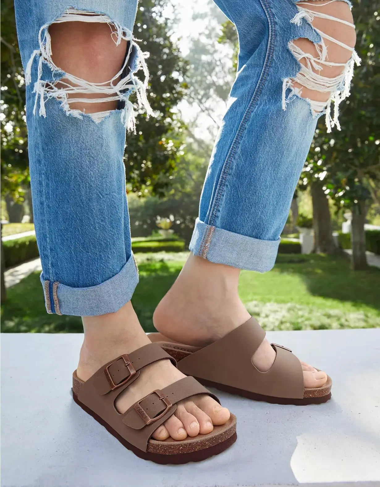 Crestar Women's Fashion Leather Sandals Classic Cork Footbed Clogs Slippers Beach Slides With Double Buckle Unisex Brand Sandals