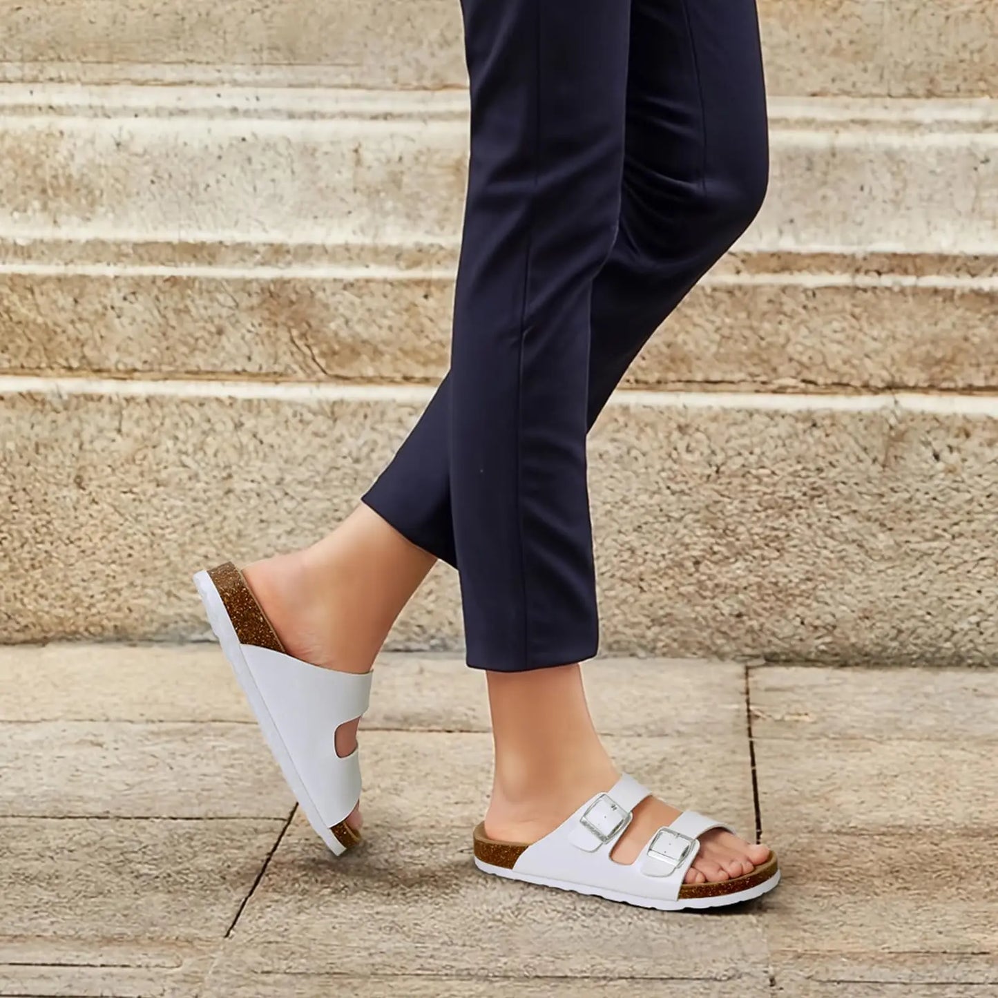 Crestar Women's Fashion Leather Sandals Classic Cork Footbed Clogs Slippers Beach Slides With Double Buckle Unisex Brand Sandals